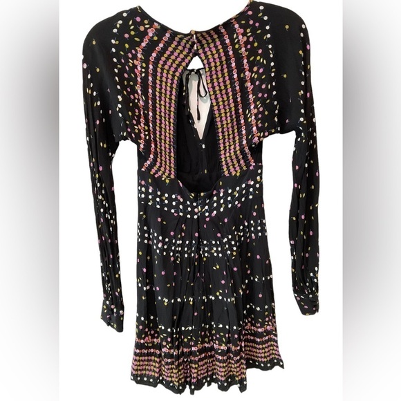 Free People Black Print Dress Coryn Boho A-Line Long Sleeve Size 0 - Picture 2 of 3